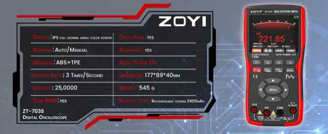ZOYI ZT-703S handheld digital oscilloscope multimeter shown with feature list and front view of the red-and-black device on a technical circuit-style background.