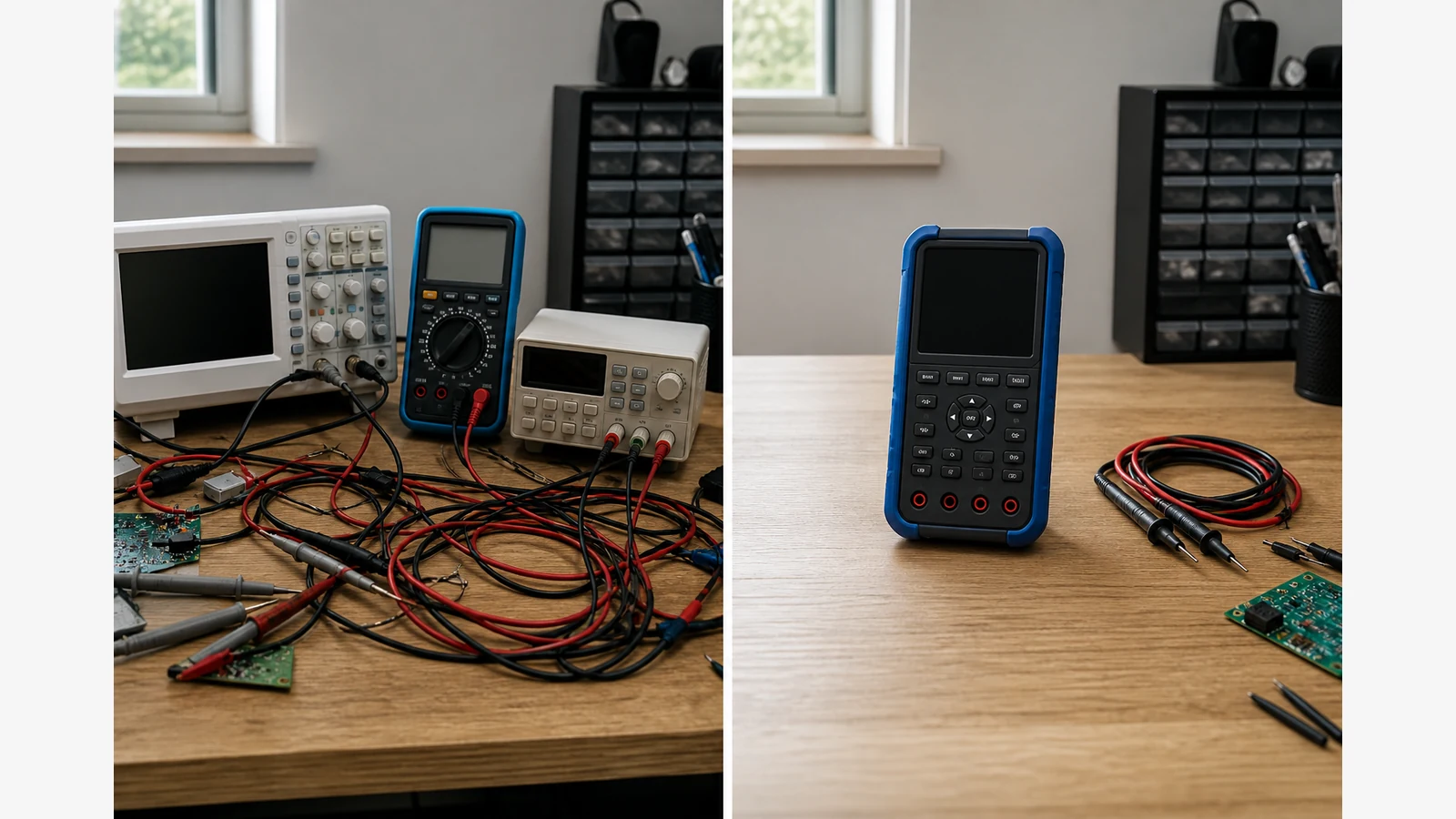 Comparison of separate test instruments versus one 3-in-1 handheld oscilloscope multimeter and signal generator