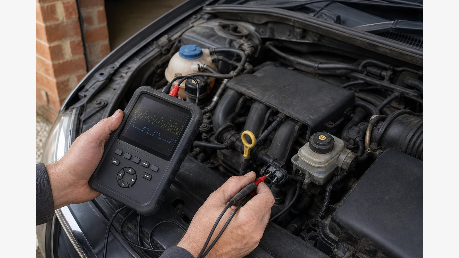 DIY car owner using a handheld oscilloscope to check a low-voltage vehicle sensor signal