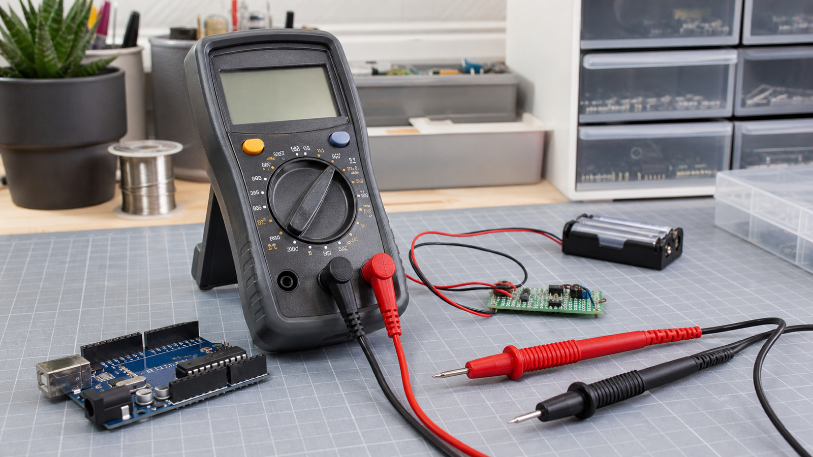 An unbranded digital multimeter with shrouded probes beside low-voltage microcontroller components on a workbench.