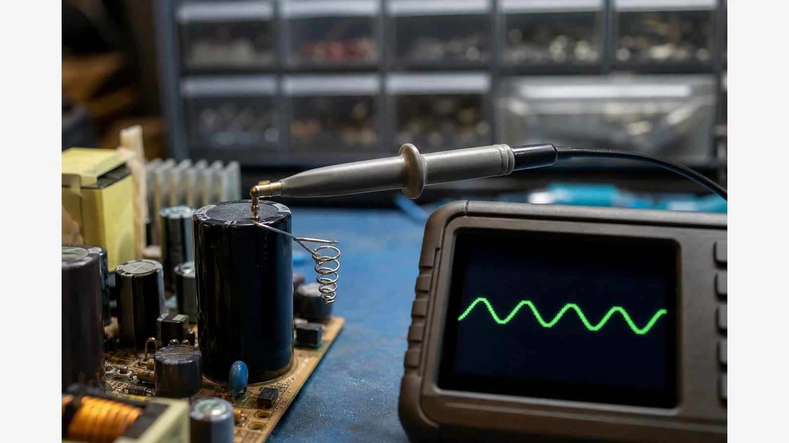 Oscilloscope probe setup for measuring DC power supply ripple on a repair bench
