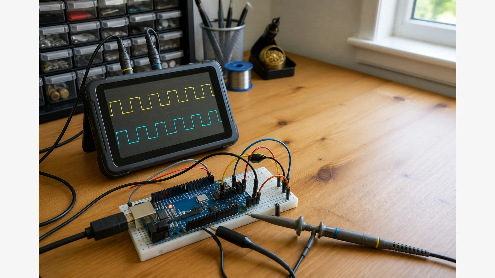 Handheld oscilloscope checking a PWM signal on an Arduino project on a UK hobbyist bench