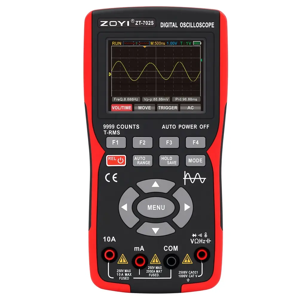 ZOYI ZT-702S handheld digital oscilloscope multimeter shown with feature list and front view of the red-and-black device on a technical circuit-style background.